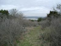 The trail cuts through the shrubs with Lake Buchanan in the distance.
